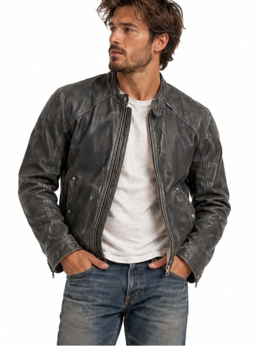 Diesel Distressed Leather Bomber Jacket L Dark Blue Moto Zip Snap Collar Patina